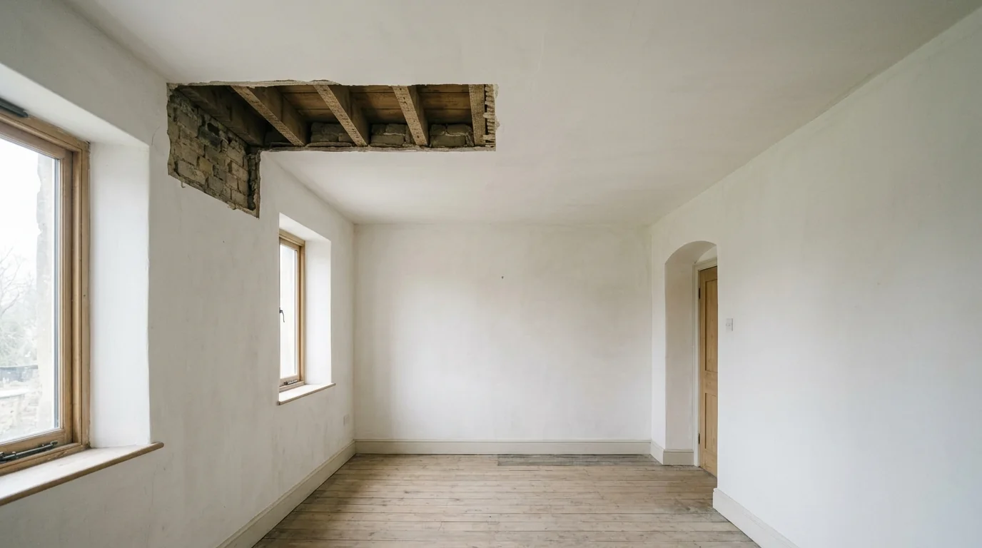 An empty room with a patch of plaster removed near the ceiling, exposing timber and masonry.