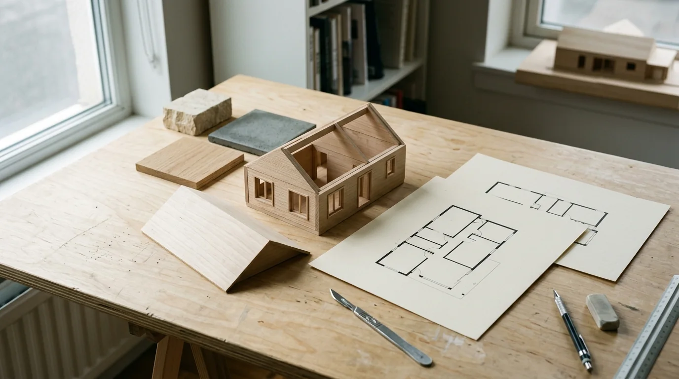 A wooden house model, its separate roof panel, unlabelled floor plans and material samples on a table.