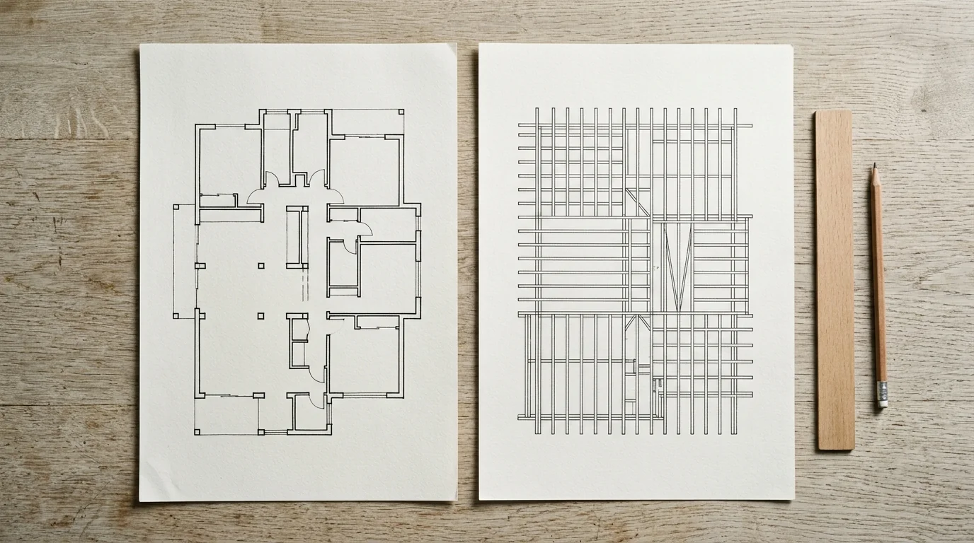 Two unlabelled line-drawing sheets on a wooden table, one showing rooms and one a framing pattern, beside a ruler and pencil.