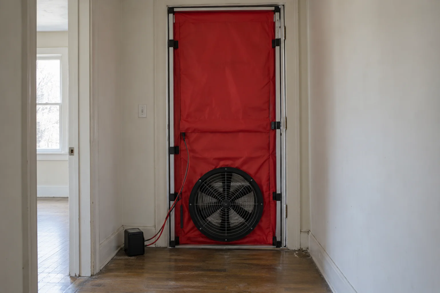 A doorway-mounted fabric panel and test fan in an ordinary hallway, without displayed results; AI-generated illustration.