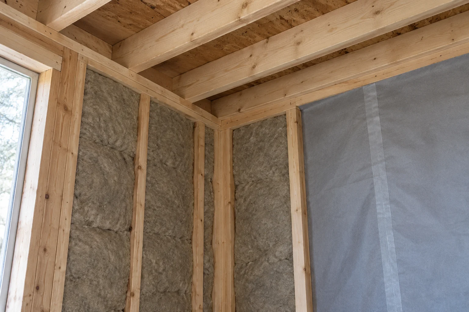 Exposed timber framing and insulation at an unfinished wall-to-ceiling junction; AI-generated illustration.