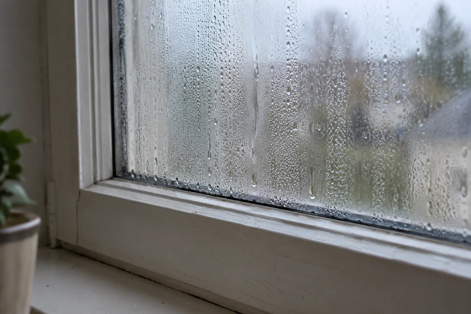 Condensation beads on the inside face of a window's lower glass pane; AI-generated illustration.