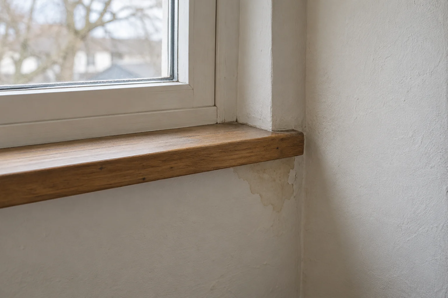 Small irregular stain below the interior corner of a window sill; AI-generated illustration.