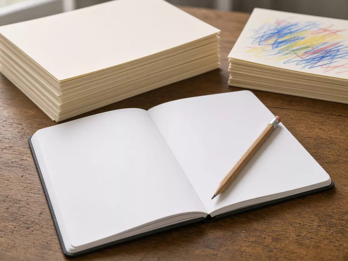 An open notebook with blank pages and a pencil, with a blank sheet stack and a marked sheet stack behind it.