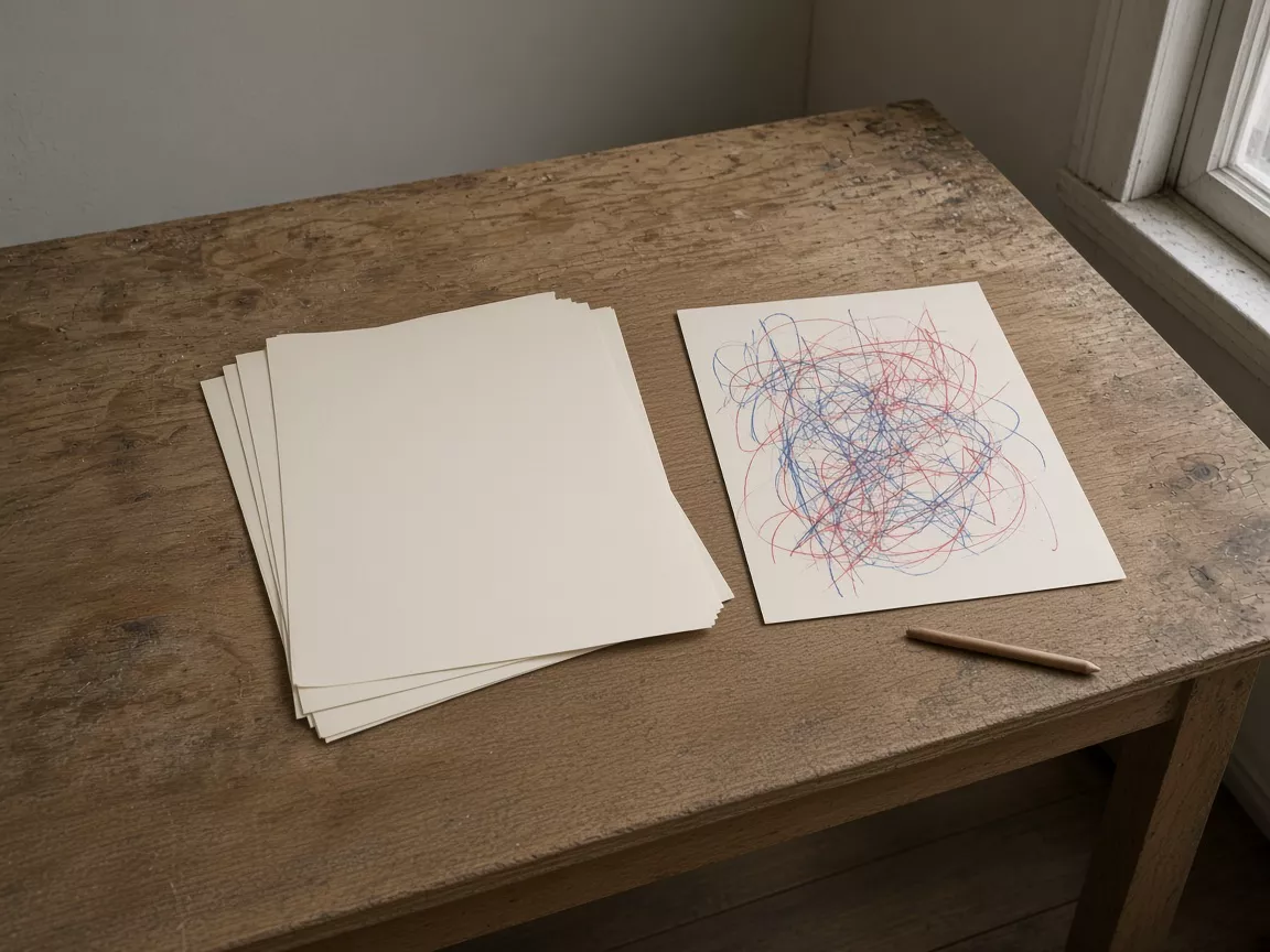 A fanned stack of blank cream sheets beside one sheet covered in red and blue pencil scribbles, with a pencil on the table.