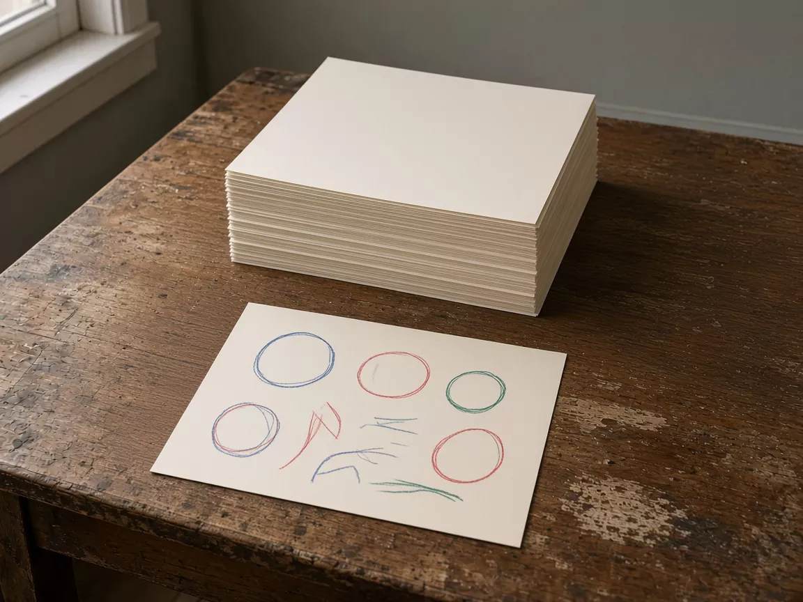 One cream sheet with colored pencil circles and strokes in front of a tall stack of blank sheets.
