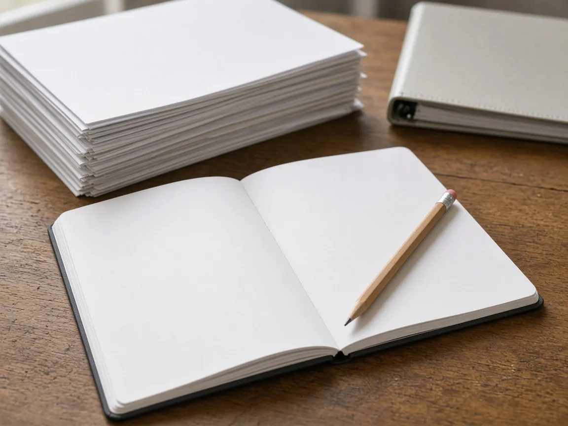 An open notebook with blank pages and a pencil, with a stack of blank sheets and a closed binder behind it.