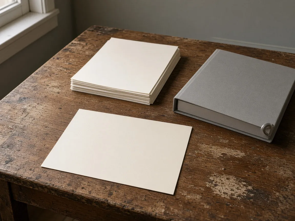 One blank sheet pulled out in front of a stack of blank sheets, with a closed gray binder beside the stack.