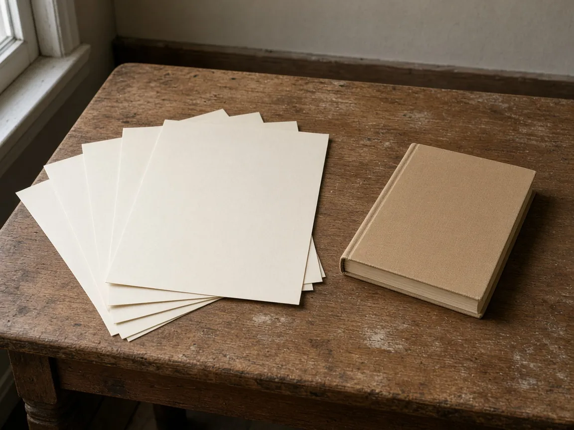 Blank large sheets fanned on a wood table beside a closed cloth-bound book.
