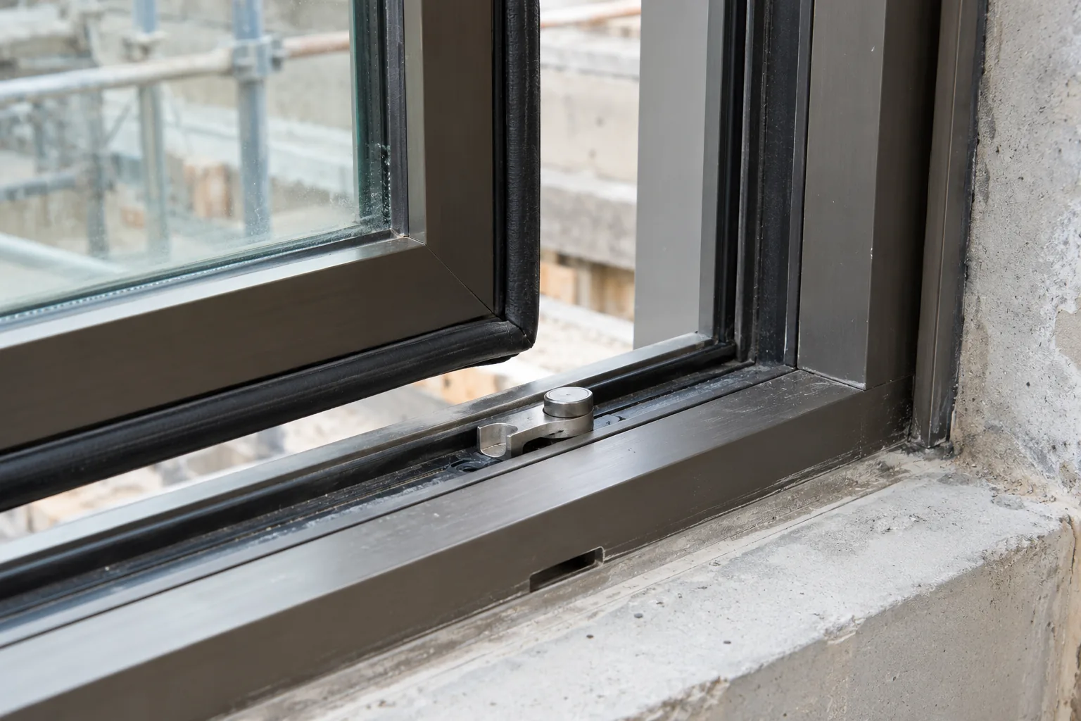 Open lower corner of an operable dark anodized aluminum casement window showing black EPDM compression weatherstripping, thermal break strip, locking cam and sill weep slot.