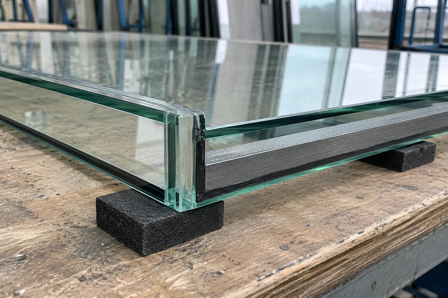 Exposed corner edge of an unframed double-glazed insulated glass unit on black neoprene setting blocks showing a laminated glass lite, spacer bar and second pane.