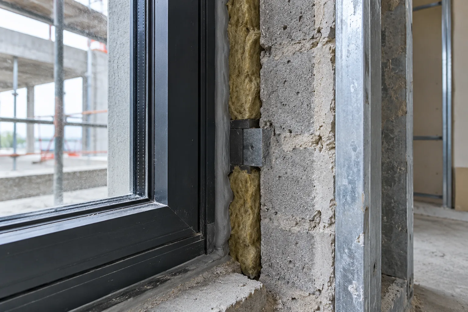 Unfinished vertical window jamb joint between a dark aluminum window frame and concrete masonry rough opening packed with mineral wool insulation, composite shim and grey sealant bead.