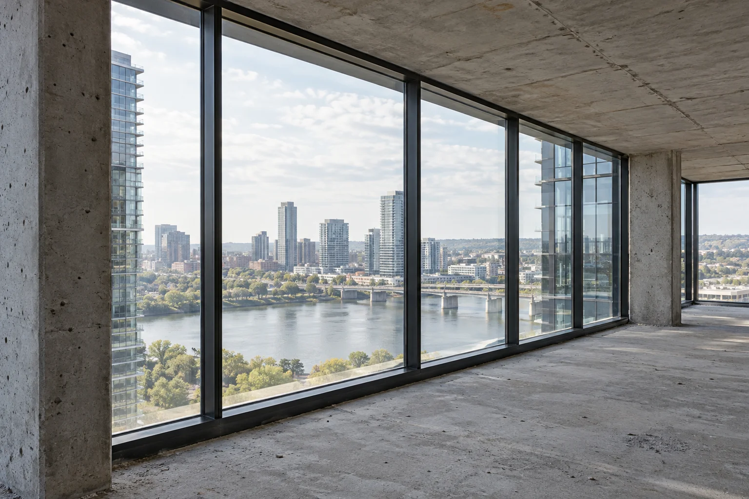 Dark framed glazing between exposed concrete floor and ceiling slabs inside an unfinished building.