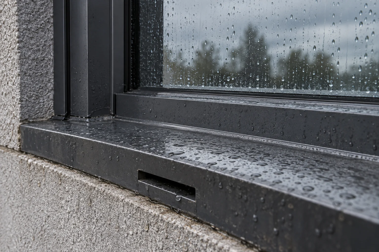 Rain droplets on dark glazing and a projecting aluminum sill with an open rectangular drainage slot beside a wall return.