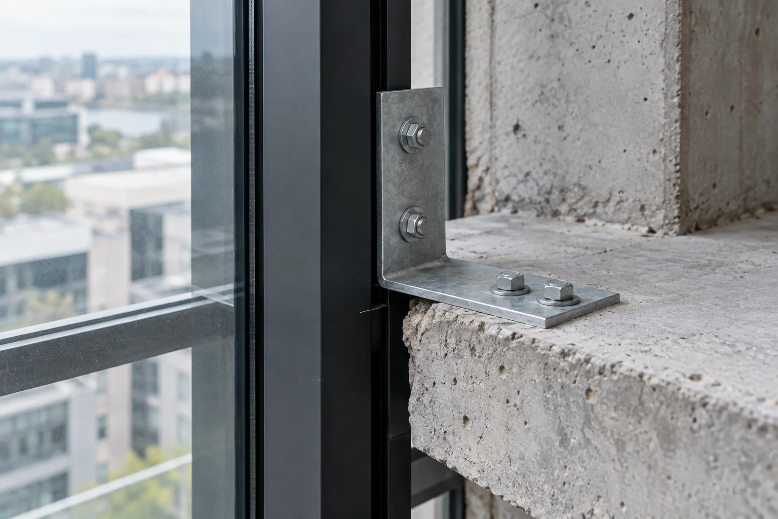A galvanized angle bracket connects a dark facade mullion to the top of a concrete slab edge.